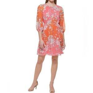 Vince Camuto Floral Midi Dress in Orange and Pink